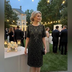 Vintage Beaded 100% Silk Elegant Black and Gold Women's Dress